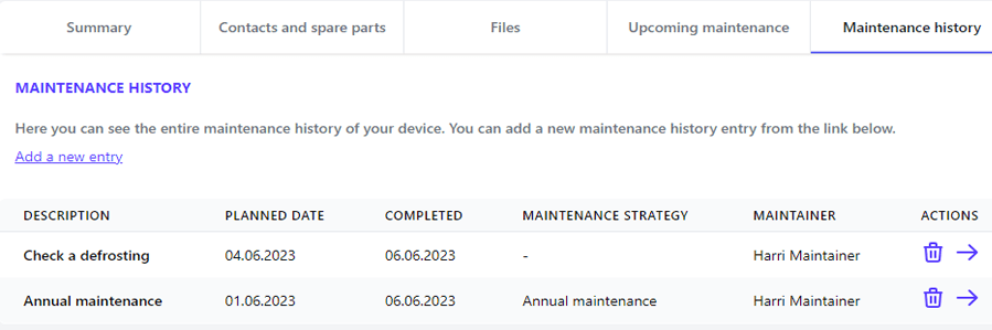 The screenshot showcases the comprehensive maintenance history of a device stored in the Mainiox software, enabling a quick and clear summary of the performed maintenance actions for that device and ensuring its reliable operation.