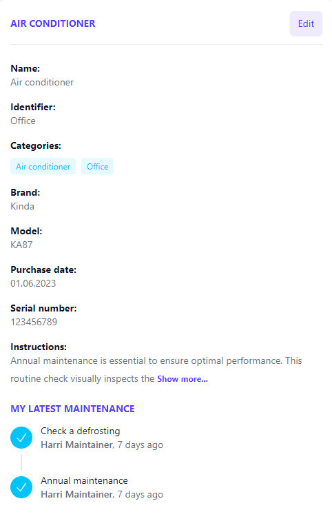 The screenshot provides a detailed view of the information recorded for a device within the Mainiox software, including device specifications, instructions, and other essential details. These details facilitate the management and maintenance of the device.