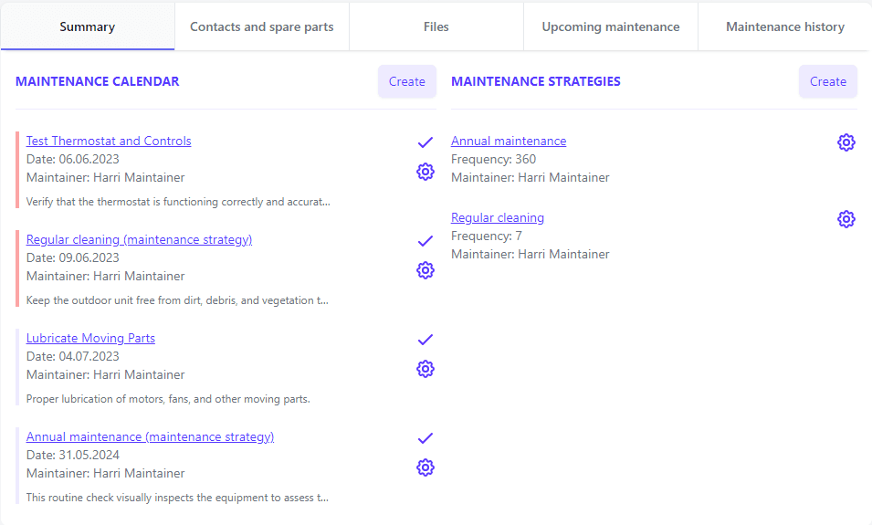 A captura de tela mostra o calendário de manutenção abrangente e o recurso de manutenção preventiva eficiente do software Mainiox, permitindo planejamento, programação e rastreamento fáceis e eficientes das tarefas de manutenção.