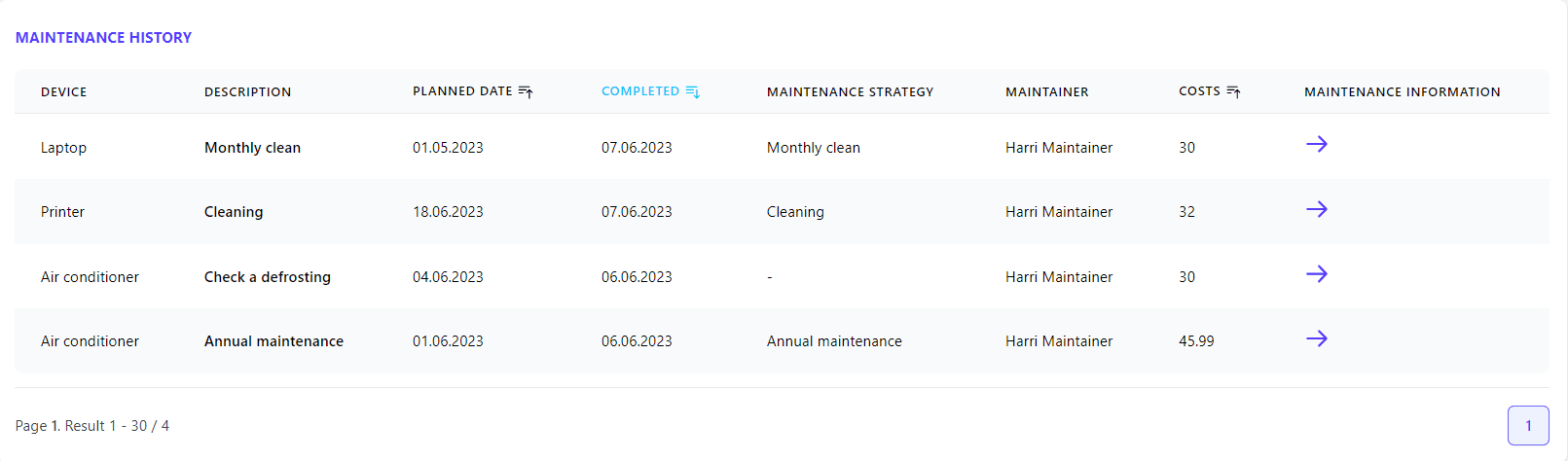 The screenshot stored in the Mainiox software provides a comprehensive maintenance history of machines and equipment. It offers a quick and clear summary of performed maintenance actions, ensuring the reliable operation of the devices and simplifying the planning and tracking of maintenance tasks.