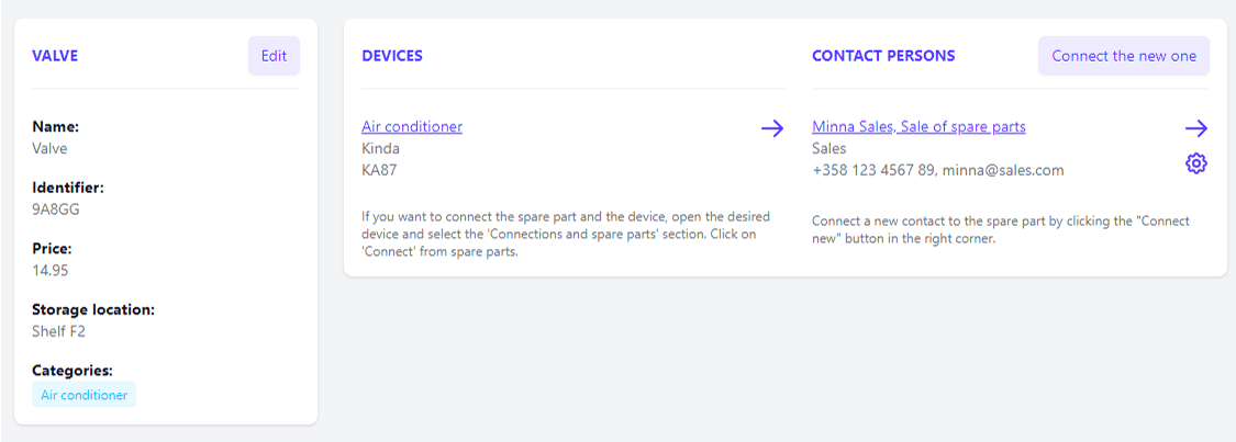 A screenshot from the Mainiox software's spare parts page shows comprehensive spare part information, associated contacts, and a clear list of devices attached to the spare part. This feature enables effortless spare parts management and provides detailed information on their usage in different devices.