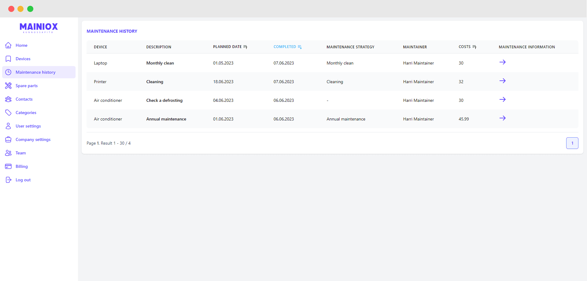 The screenshot showcases the comprehensive maintenance history of machines and equipment stored in the Mainiox software, offering a quick and clear overview of performed maintenance actions. It ensures the reliable operation of the devices and simplifies the planning and tracking of maintenance tasks.